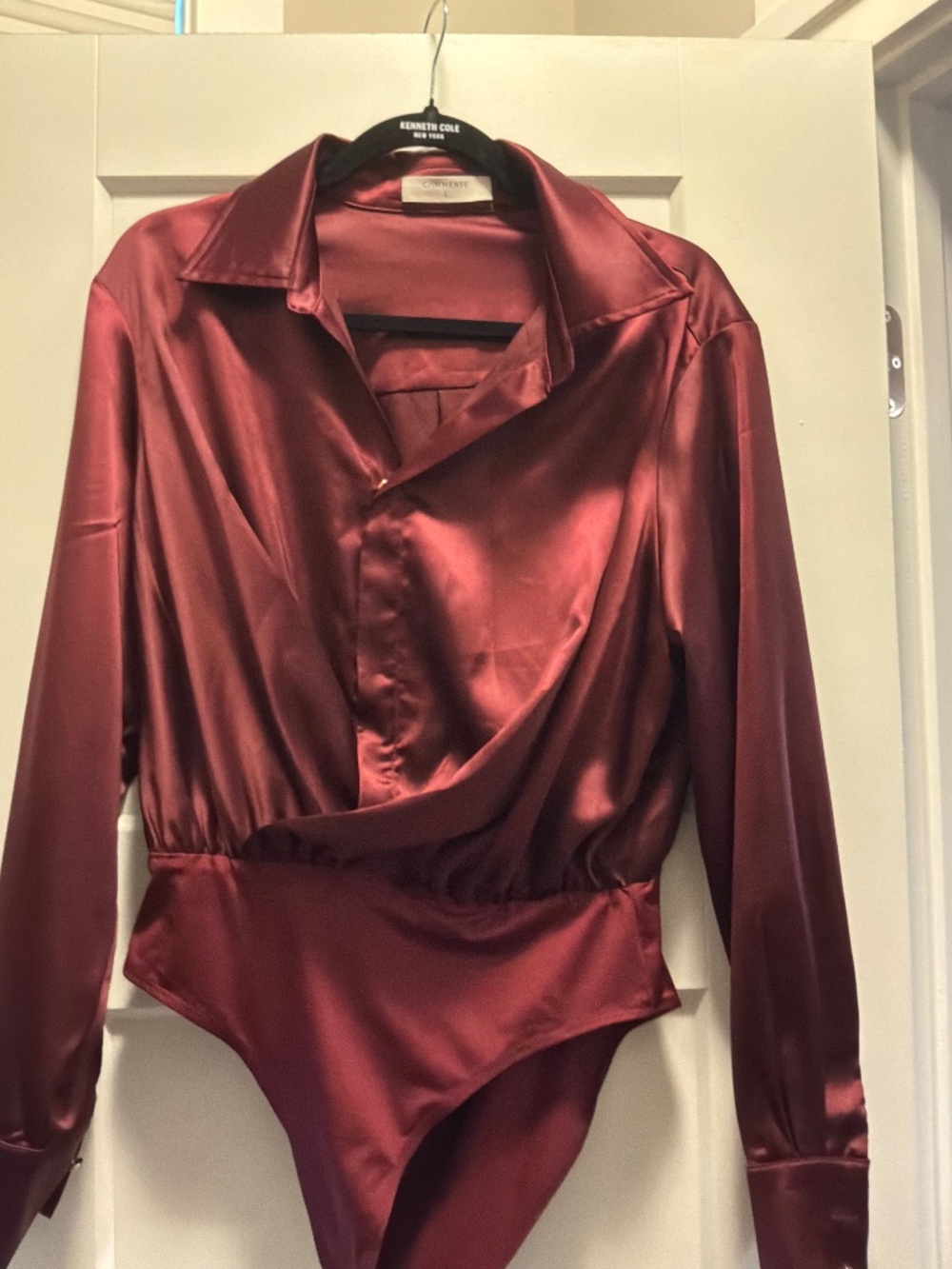 Collard Draped Satin Long Sleeve Bodysuit